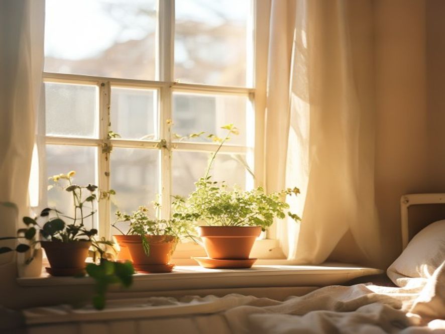 Ljust sovrumsfönster med växter på fönsterbrädan på morgonen